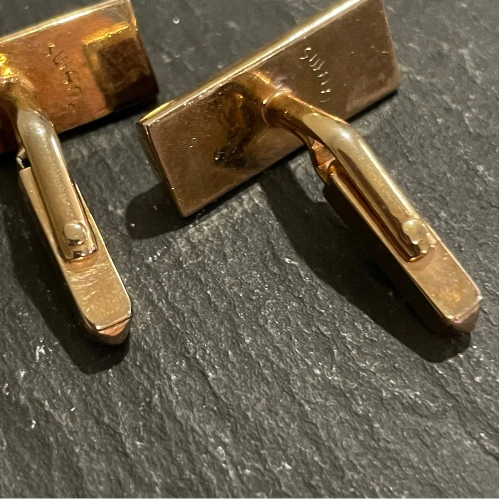 Vintage SWANK Gold Tone Cufflinks Brown Leather Inset